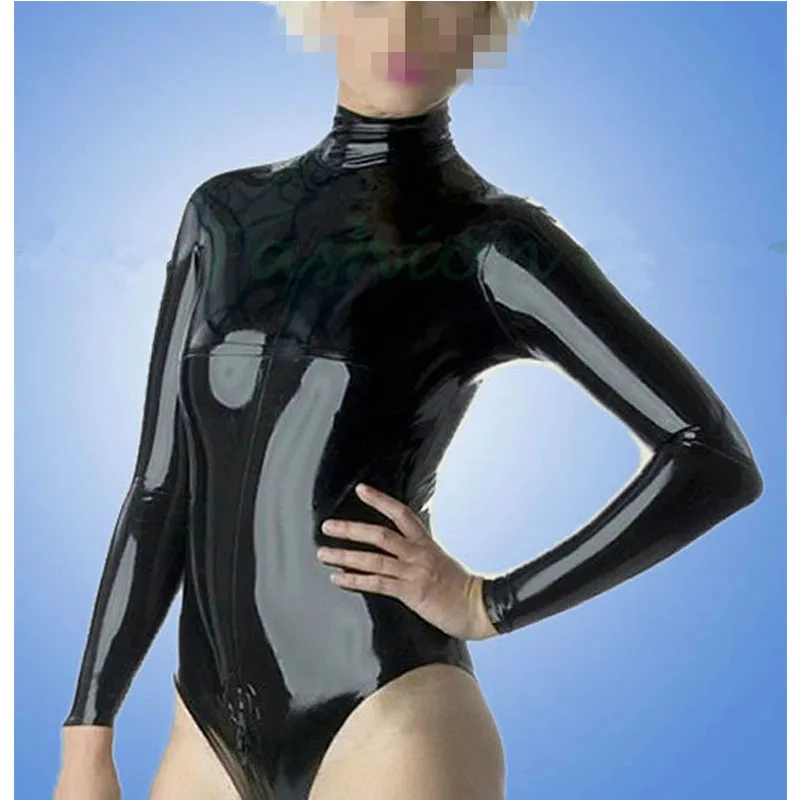 

Hot Long Sleeved Sexy Black Latex Swimsuit with Zip At Back High Collar Leotard Rubber Bodysuits Jumsuit Plus Size