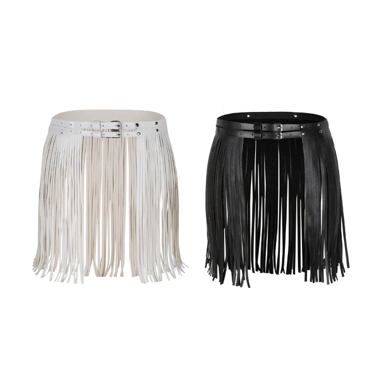 Women Punk PU Leather Skirt Fringed Tassels Double Buckled Waist Belts Party Dance Costume Hip Scarf Wide Waistband 066C