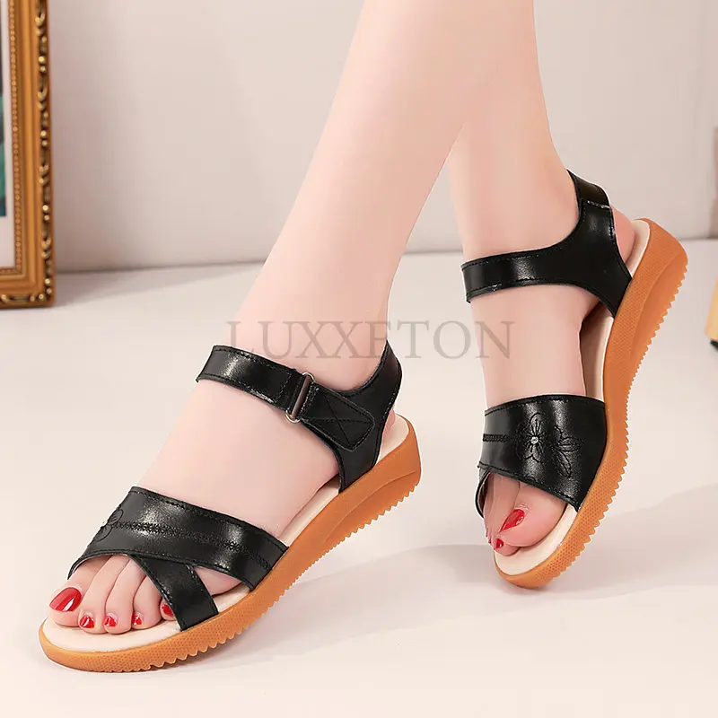 Women Sandals Summer Genuine Leather Shoes Woman Flip Flops Wedges Fashion Sweet Hook and Loop Platform Female Slides Ladies