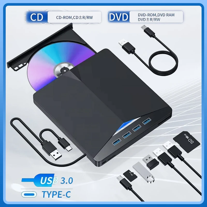 

7-in-1 USB 3.0 Type C External CD DVD RW Optical Drives TF SD DVD Burner Recorder Reader Player Tray Type For Laptop PC Desktop