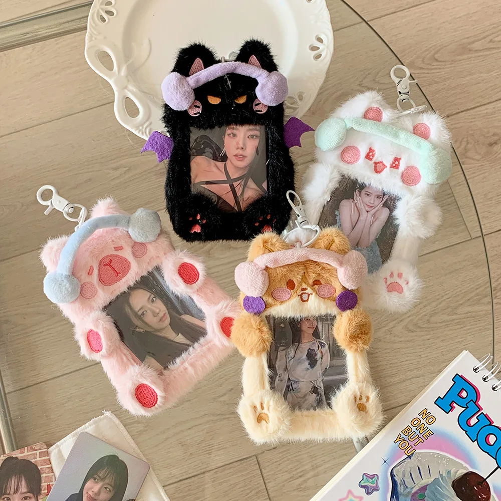 3 Inch Cute Mini Cartoon Plush Kpop Photocard Holder with Keychain Photo Sleeve ID Bank Credit Card Holder Protector Stationery