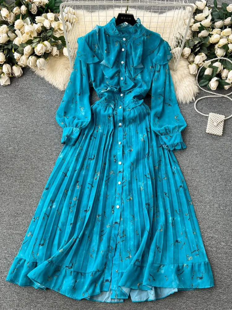 Women Elegant Print Chiffon Pleat A-line Dress Autumn High Neck Lantern Sleeves Ruffle Edge High Waist Slim Vacation Robe