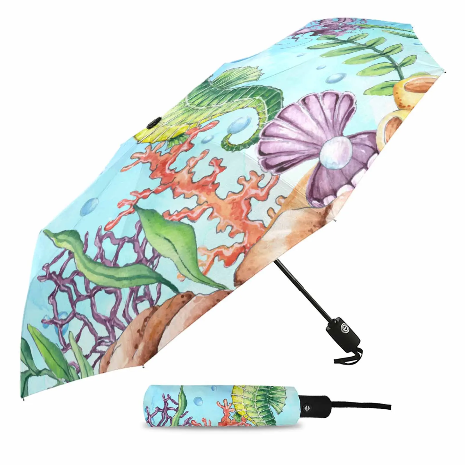 Marine Turtle Seahorses Pearls Shells Corals Outdoor Fully-automatic Folding Eight Strands Umbrellas for Kids Printed Umbrella