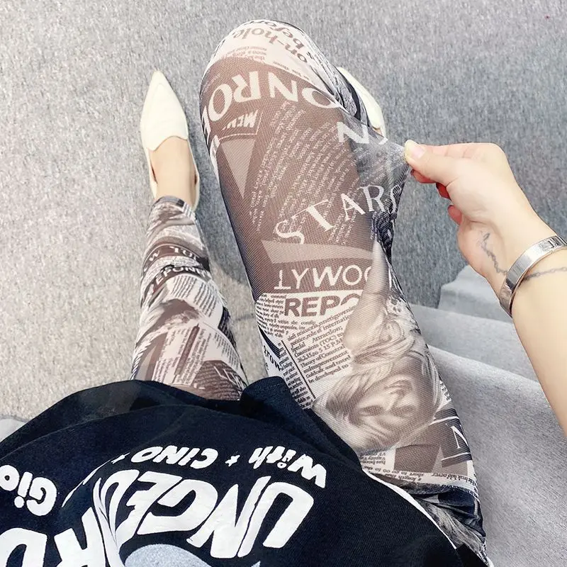 Women's Mesh Leggings High Waist Nine-Piece Elastic Skin-Like Summer Pants Breathable Long Trousers Floral Print Base Layer