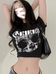 빈티지 반소매 티셔츠 90년대 고딕 하라주쿠 프린트 패턴 크롭탑 스켈레톤 해골 펑크 streetwear 미적 여성 mujer top