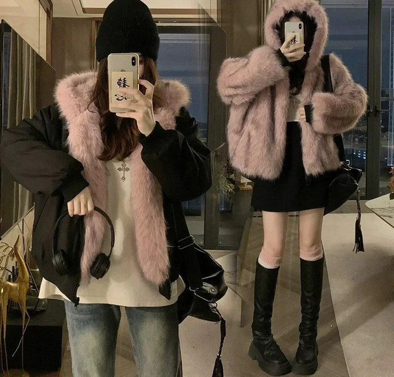 

Double Sided Winter Coat Women Clothing Imitation Mink Fur Fur Hooded Cotton Jacket Female Warm Cotton-padded Clothes