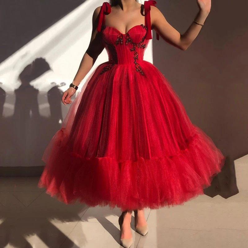 

Charming Prom Dress Sweetheart A-Line Ruffled Red Mid Length Arabic Evening Gown Celebrity Party Dresses sukienki damskie