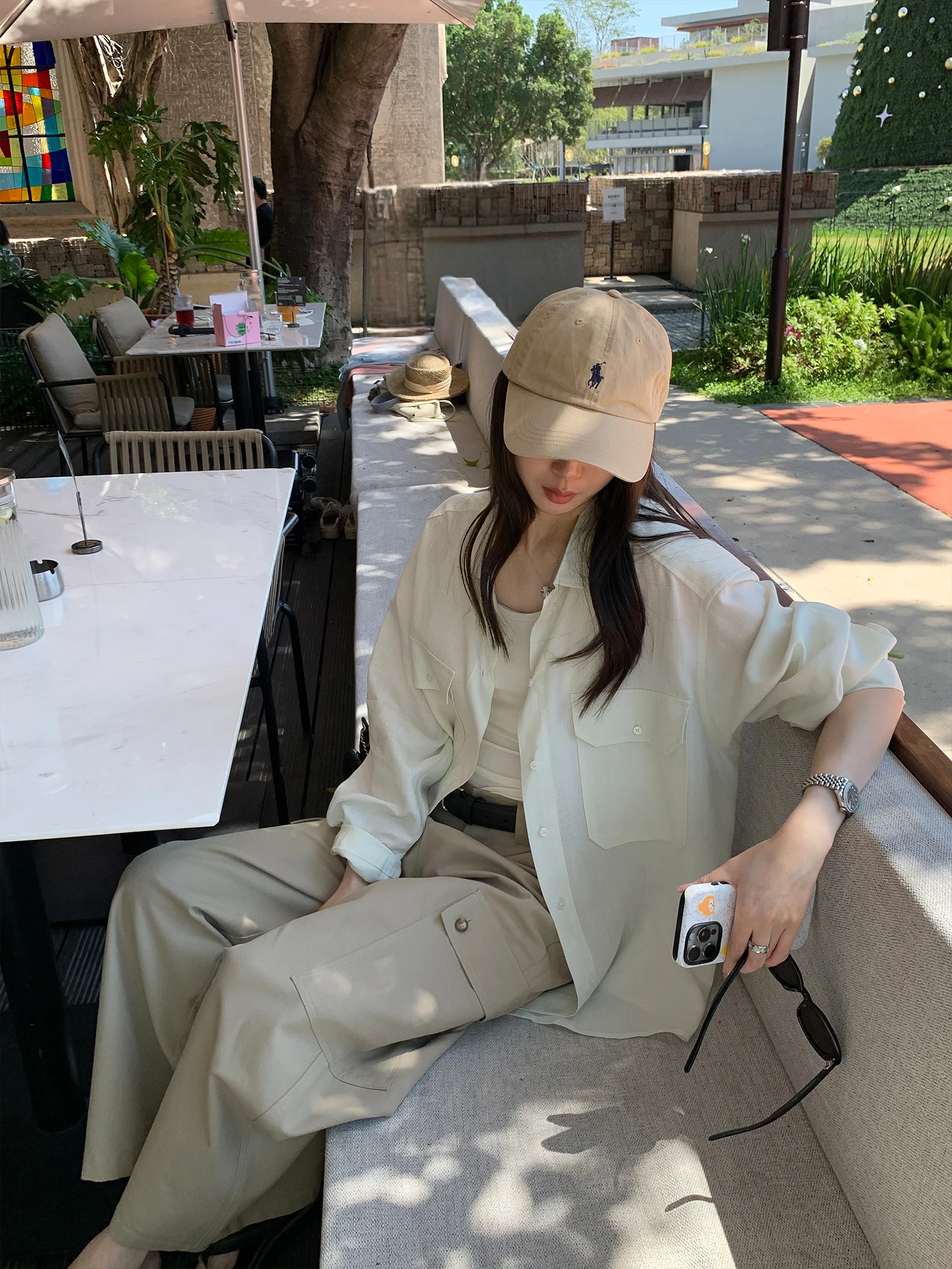 

Loose Women's Long Sleeve Shirt Linen Silk Loose Fit Sun Protection Blue Spring Summer Lazy Style Button up Classic Collar