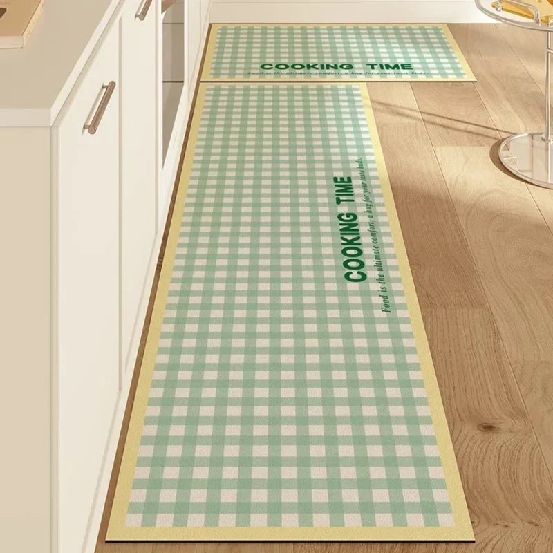 PVC Vinyl Floor Mat for Kitchen, Waterproof Carpet, Oil-proof, Anti-slip Foot Mats, Green Plaid Stripe, Home Decoration Rug