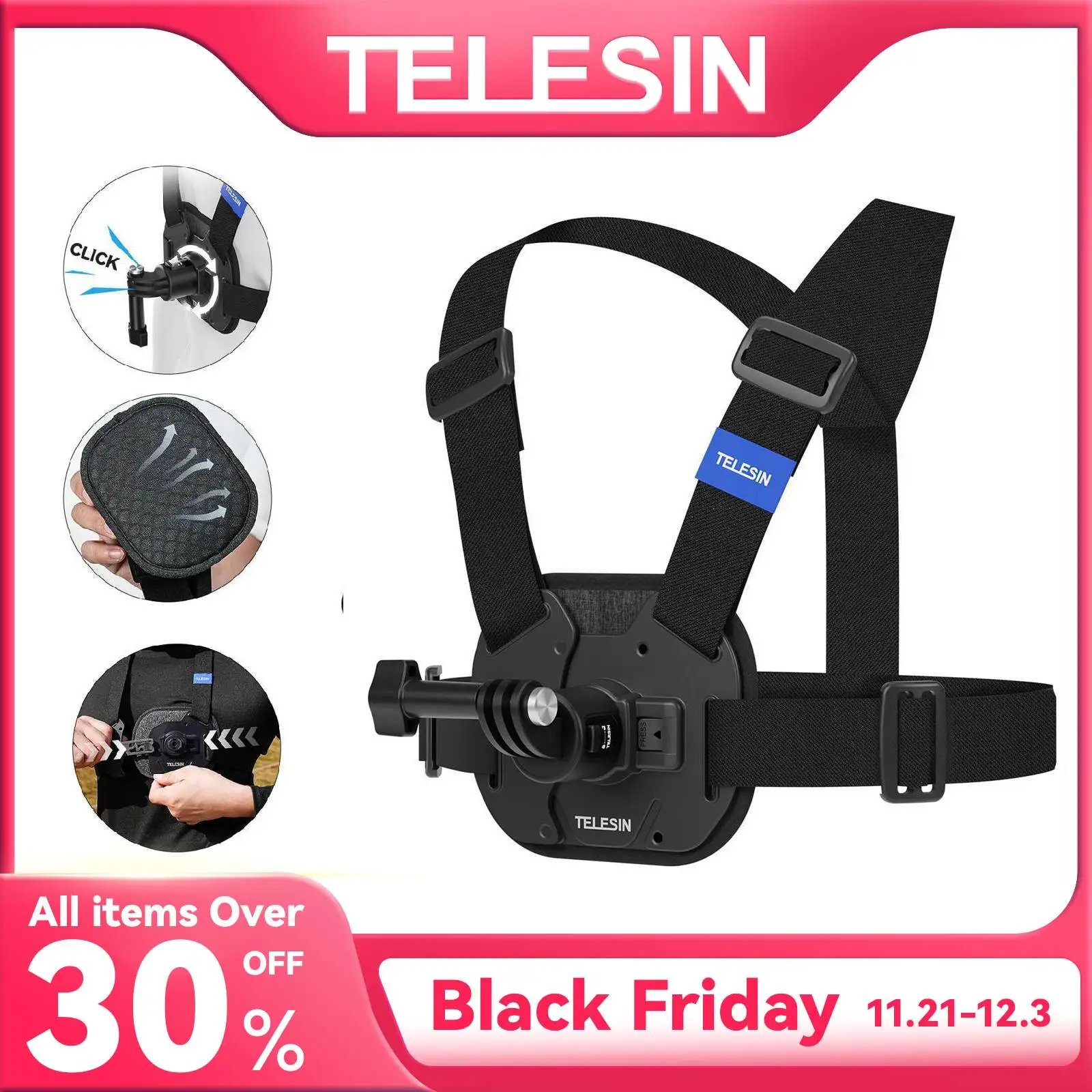 TELESIN Quick Release Chest Strap Mount Belt Mount for GoPro Hero 13 12 11 10 9 8 7 6 5 Insta360 SJCAM DJI OSMO Action