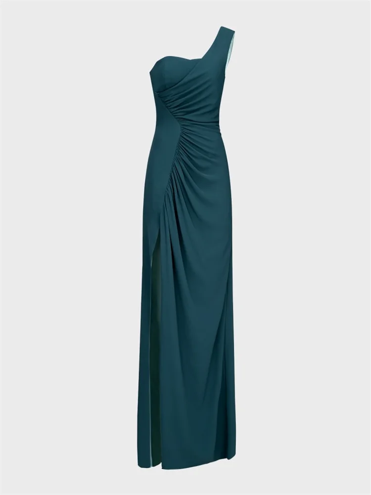 

Hot Selling One Shoulder Neckline Sleeveless Column Evening Dress Open Back Zipper Floor Length High Slit Gown For Women 2024