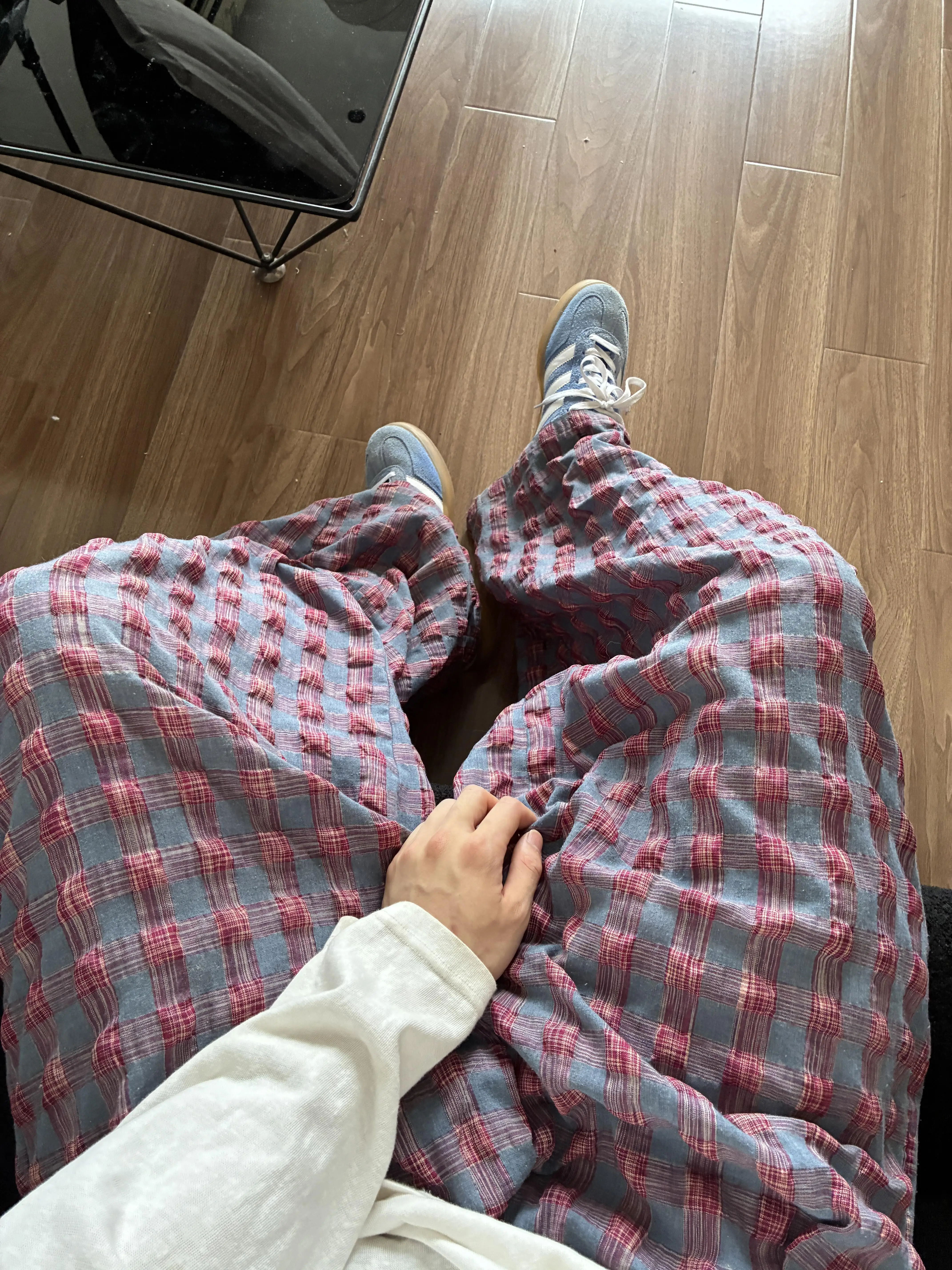 Men's Casual Straight Leg Pants Street Design Loose Fit Bubble Cloth Texture Plaid Loose Drapey Wide Leg Trousers