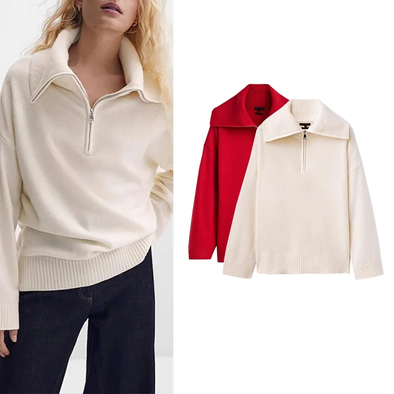 

Casual Loose Women's Knitted Sweater Zip-Up Collared Overhead MD New 2024 Faion Ladies' Long Sve Daily Wear Z