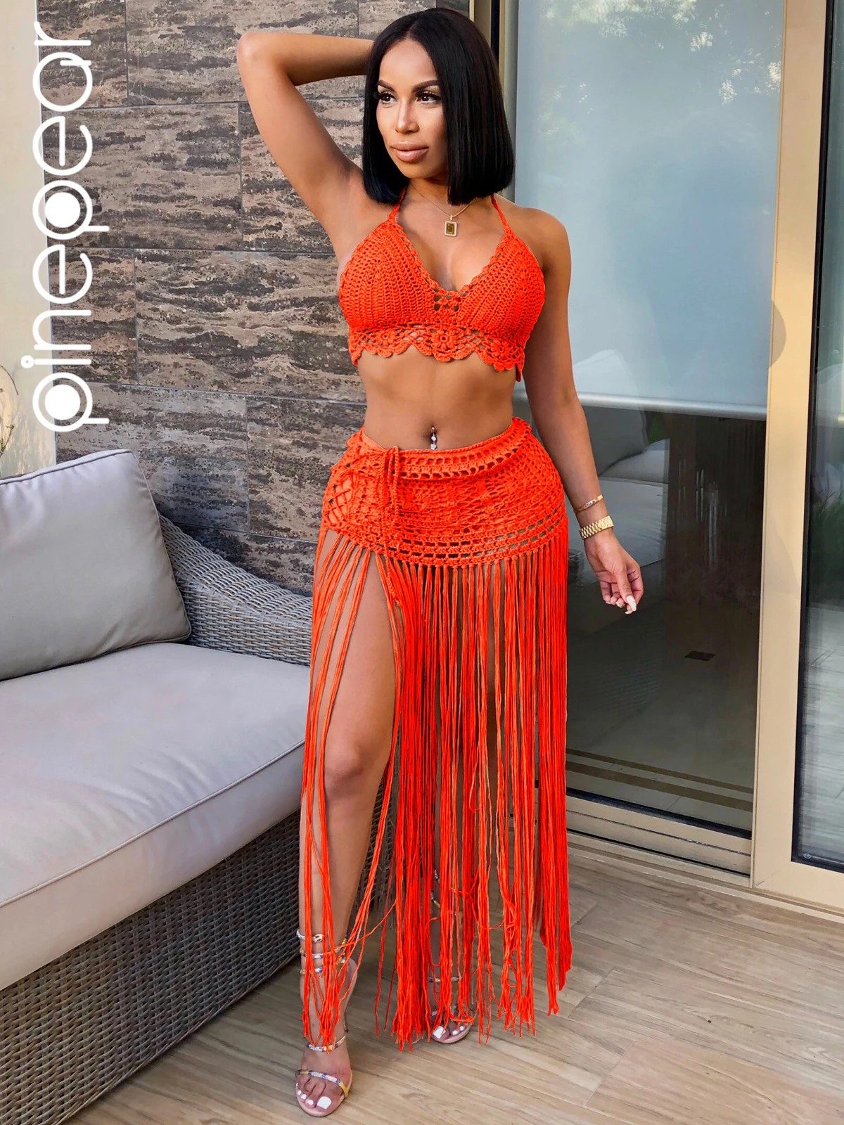 PinePear-Conjunto de falda de dos piezas con borlas de ganchillo