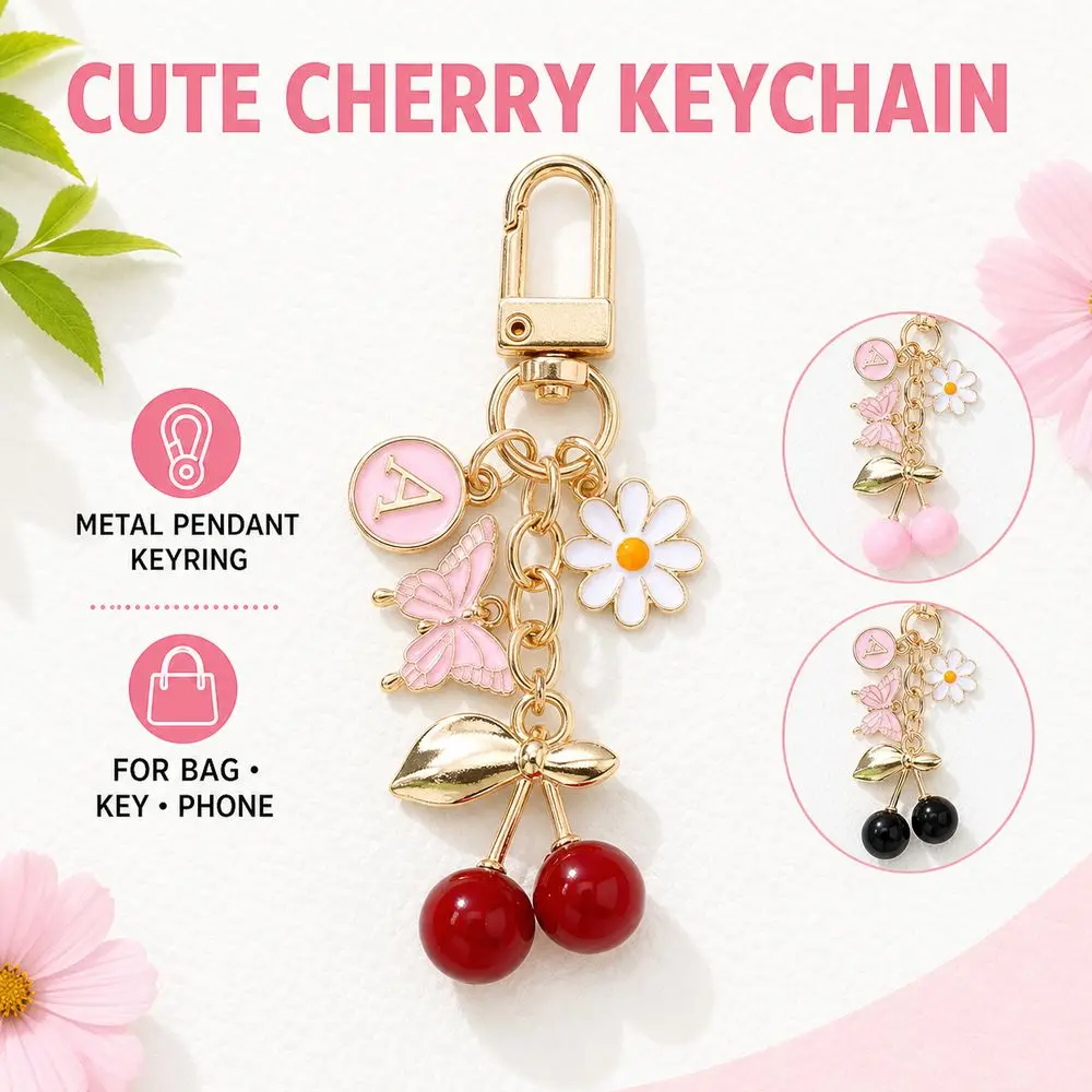 New Mini Cherry Keychain Butterfly Decor Enamel Coating Car Key Ring DIY Jewelry Flower Bag Accessories for Women Girls
