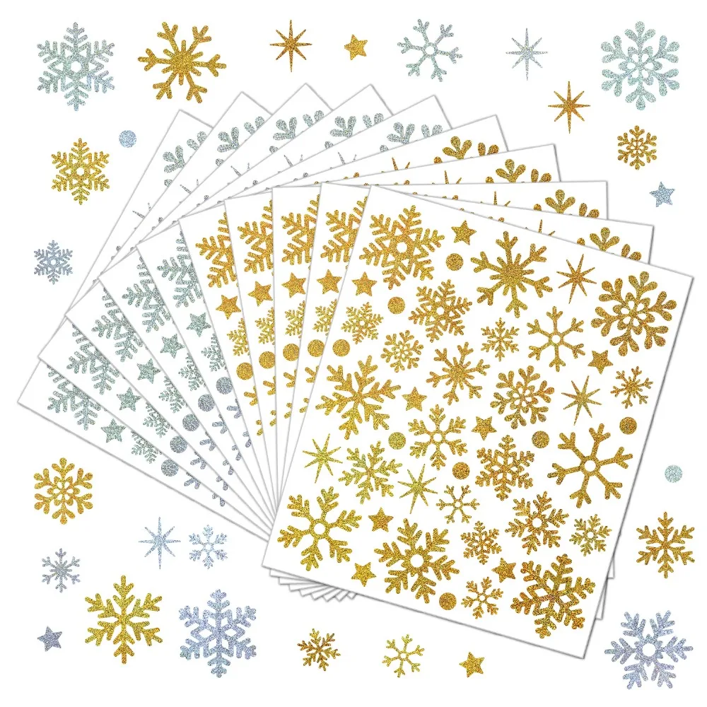 10pcs Glitter Snowflake Stickers,Golden Silvery Glitter Patterns for DIY Winter Celebration Decorations,Holiday Gift Packaging