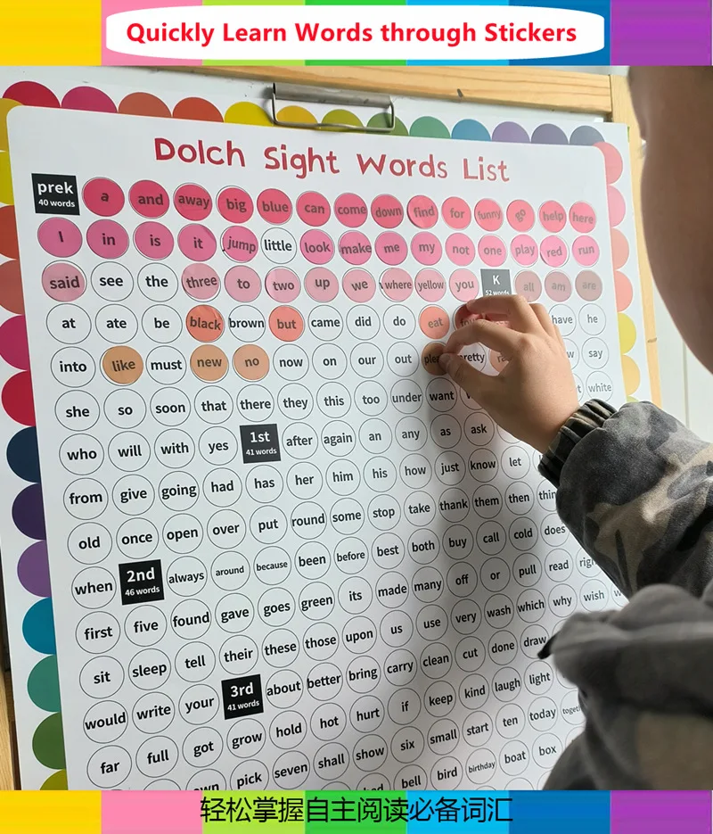 

Big Size Dolch Fry Sight Words Lists Educational Poster With Stickers English Learning Teaching Aids Classroom Resources 70x50cm