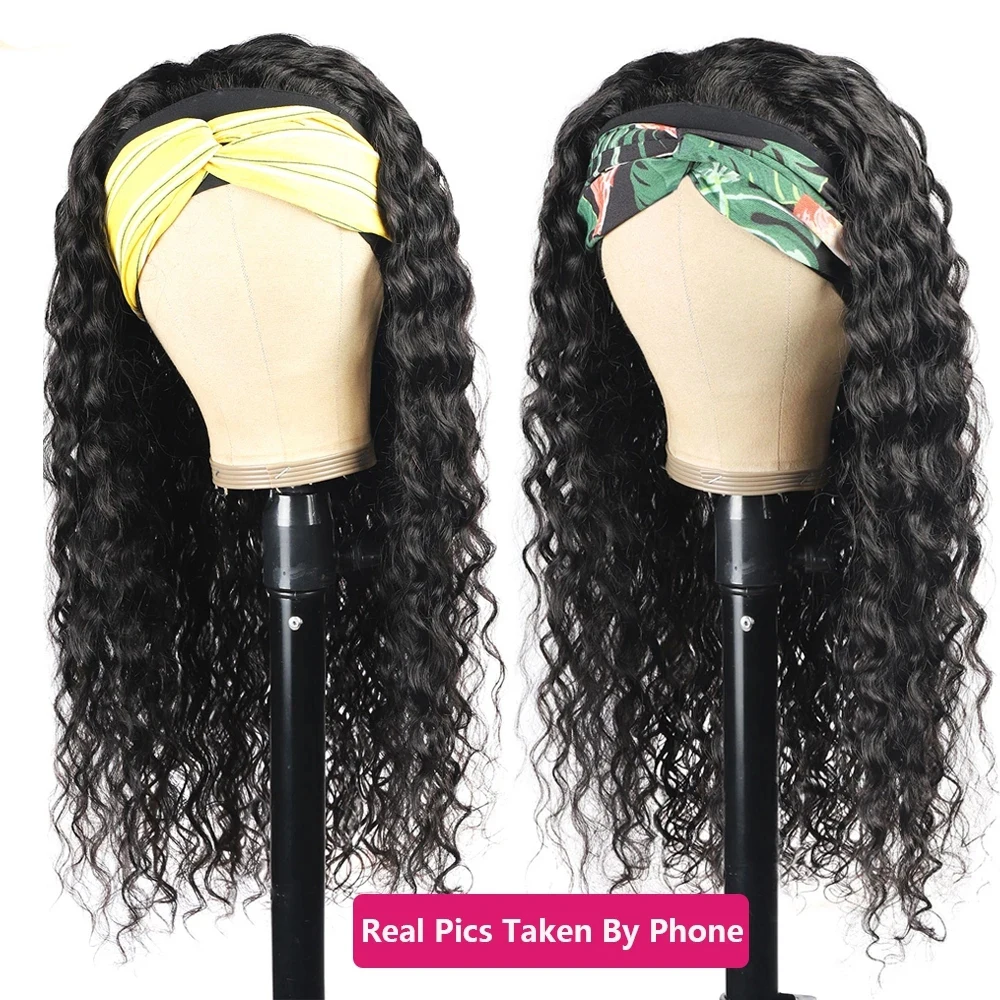 Headband Wig Deep Wave Curly Wigs Human Hair Full Machine Made Easy Go 200 Density Wigs For Women Brazilian Water Scarf Wigs