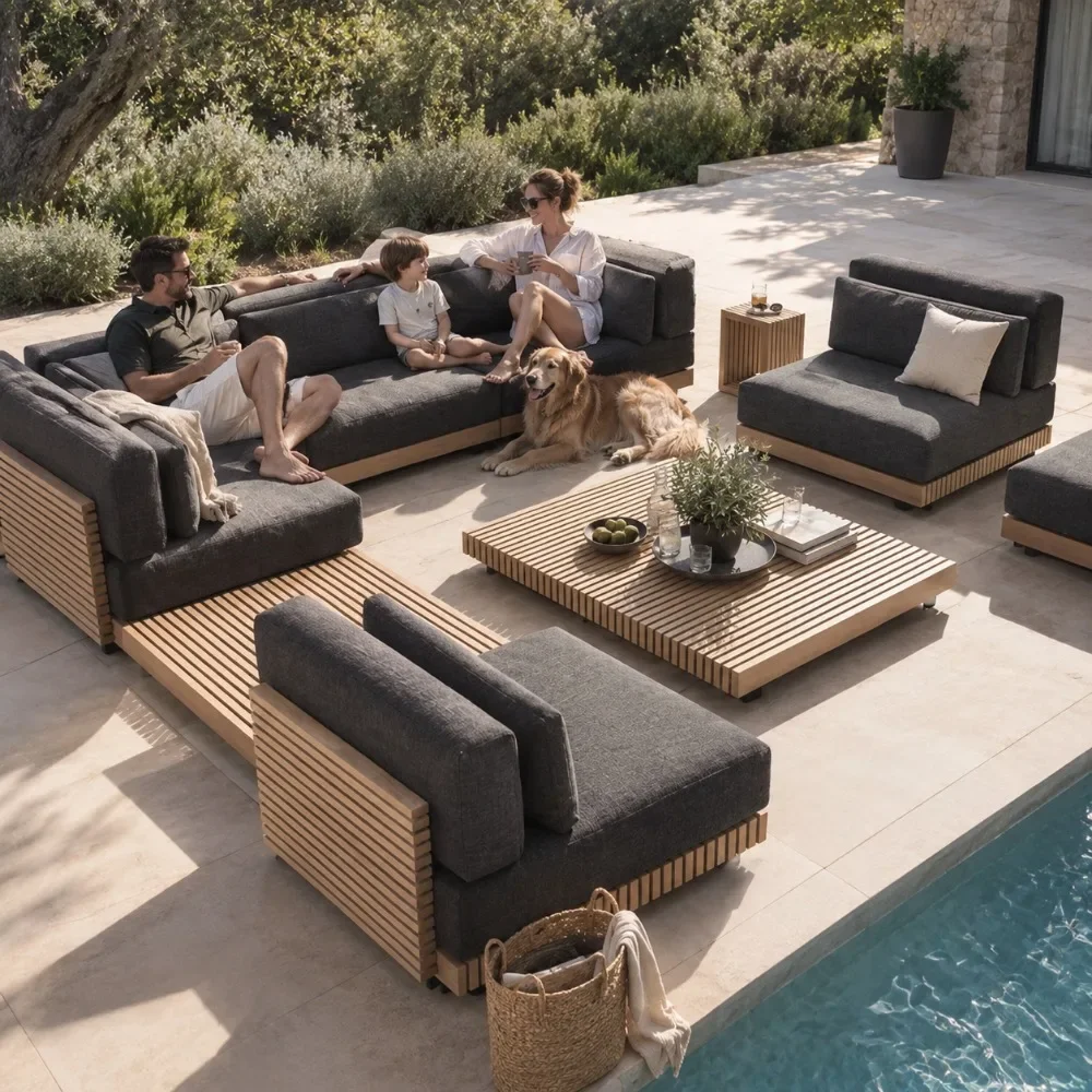 #Nordic Solid Wood Outdoor Sofa Set, Luxury Waterproof Sunproof Patio Furniture, Balcony and Garden Leisure Recliner for Villa