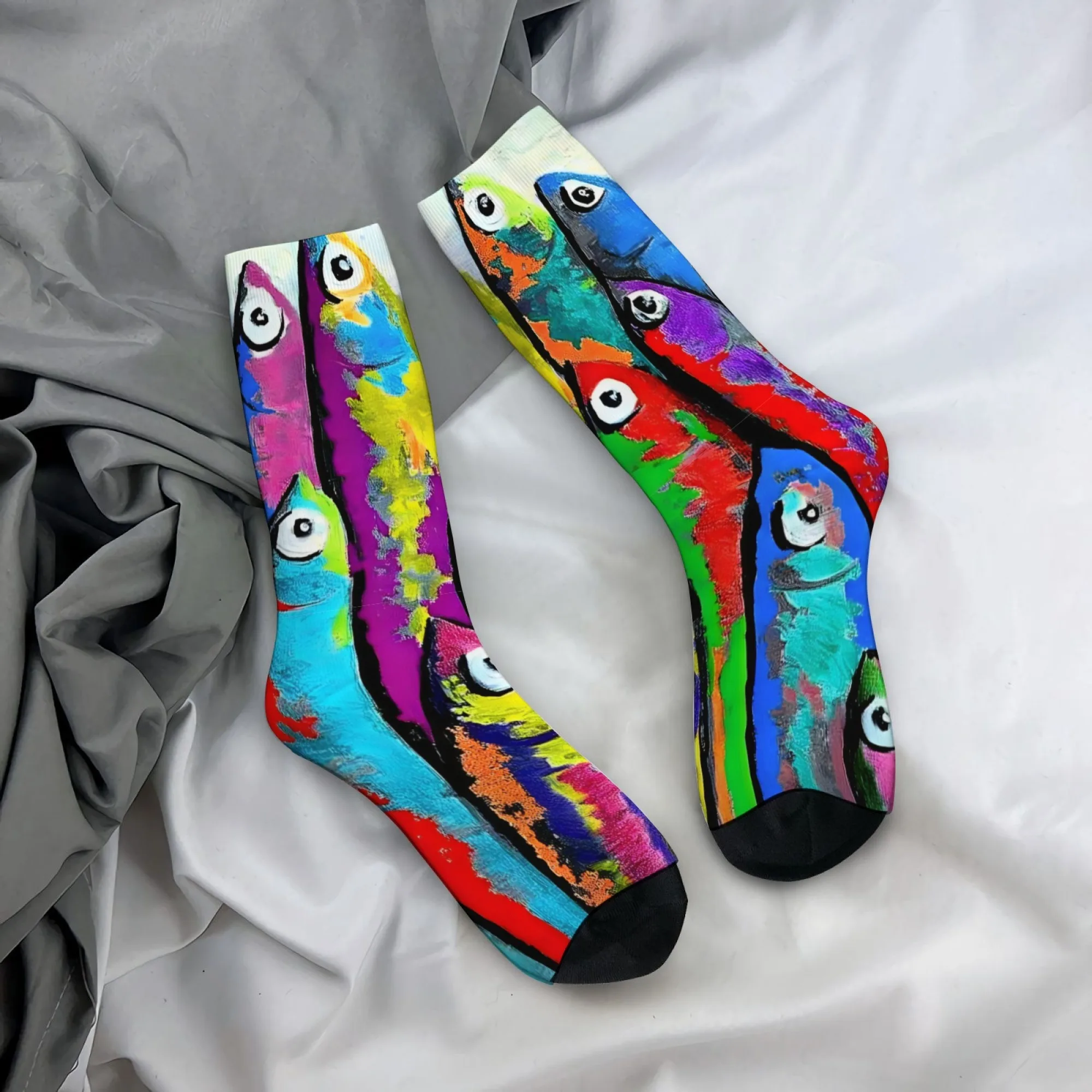 1 Pair Printed Fish Bait Men Crew Socks Colorful Printed Fish Fishing Pattern Comfortable Soft Warm Funny Novelty Daily Socks