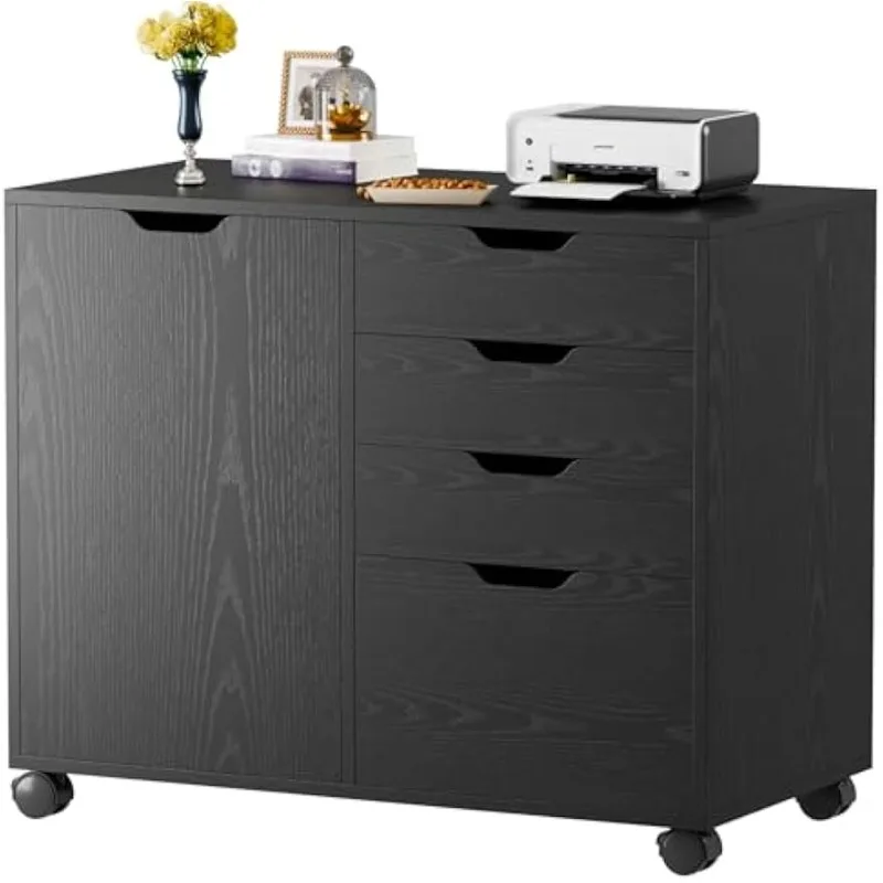 4-Drawer Mobile File Cabinet, Wood Lateral Filing Cabinet with Door and Shelves, Printer Stand with Wheels for Home Office Black