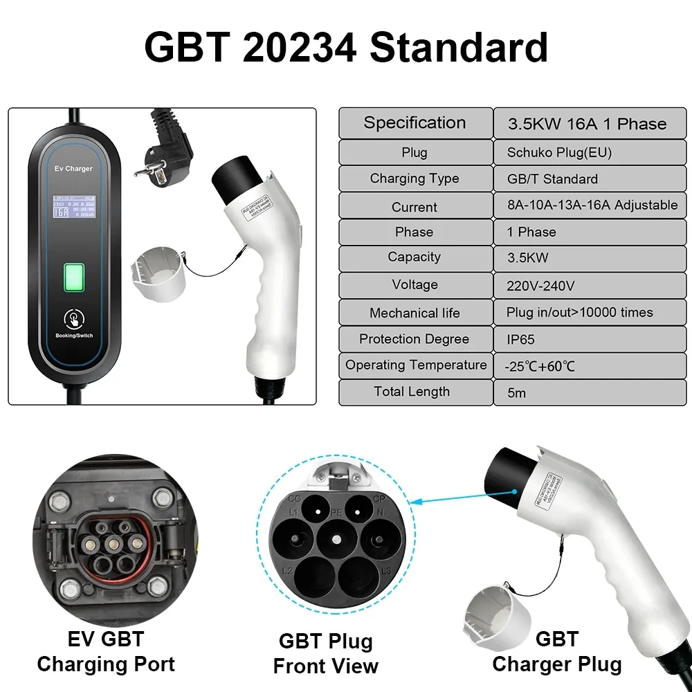 Teschev-Chargeur EV Type 2 pour véhicules électriques, câble de charge de voiture, prise GBT, J1772, boîtier mural de type 1, 16A, 3,5 kW, 220V, 230V, niveau 2