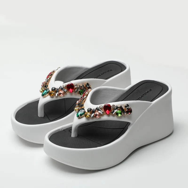 

Summer White Women's Slope Heel Clip Toe Rhinestone Flip Flops Women's Outdoor Anti-skid Thick Bottom Beach Sandals