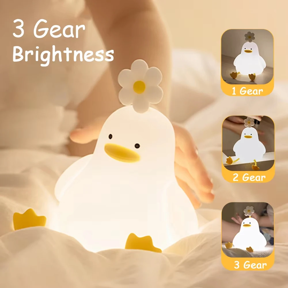 Cute Duck Night Light Silicone Dimmable Nursery Nightlight USB Rechargeable Timing Bedside Touch Lamp for Kid Bedroom Room