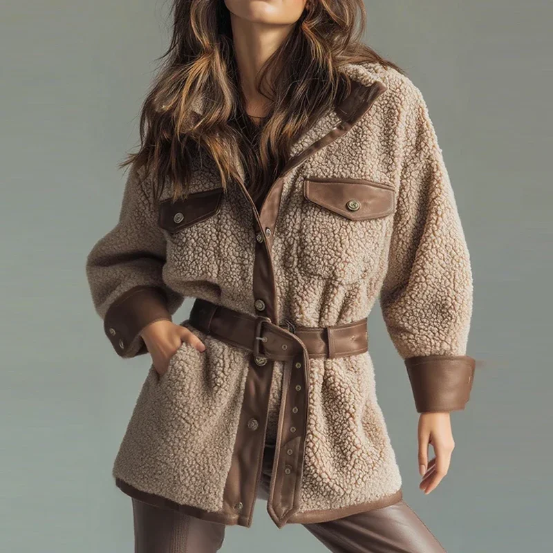 Greenora Women's Casual Long Sleeve Pocket PU Leather Coat Elegant Thickened Lamb Solid Jackets Fashion Lapel Button Patchwork O