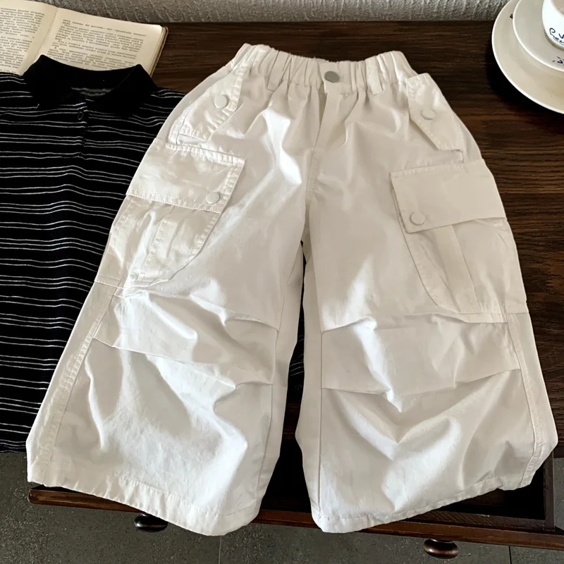 

Брюки для мальчиков и девочек, осень-весна 2023, детская одежда в корейском стиле, повседневные модные крутые брюки в стиле хип-хоп с карманами и манжетами на ногах, рабочая одежда