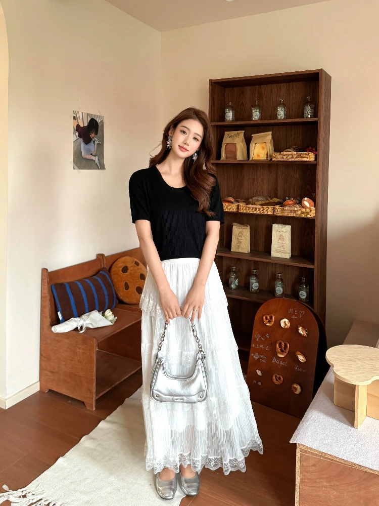 

Ele High Waist Lace f Skirt Versatile White Dr Korean Sle Spring Summer New Arrival Fairy Aosphere A-Line Skirt