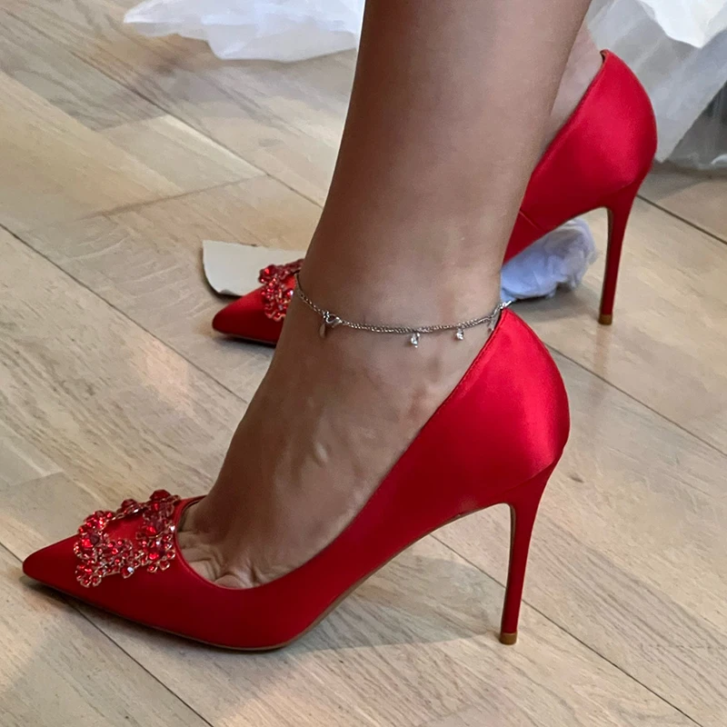 Tikicup Square Rhinestones Women Red Silk Satin Pointy Toe High Heel Wedding Bridal Shoes Elegant Ladies Stiletto Pumps 33-45