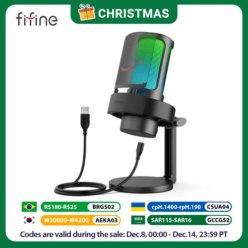 Imagen 1 del producto Micrófono USB FIFINE para grabar y transmitir en PC y Mac, salida de auriculares y botón de silencio táctil, micrófono con 3 modos RGB -A8