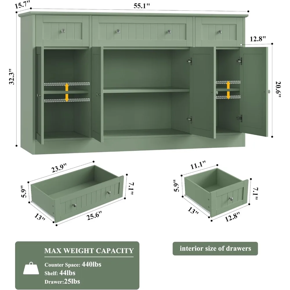 خزانة بوفيه مطبخ حديثة مقاس 55 بوصة مع أدراج وتخزين بار القهوة الخشبي القابل للتعديل