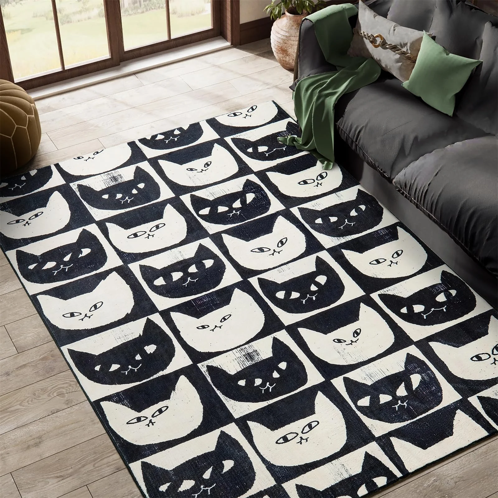 

VIKAMA Black and White Cat Washable Rug, Ultra Thin Stain Resistant Vintage Checkered Aesthetic Cute Accent Bedroom Carpet Boho