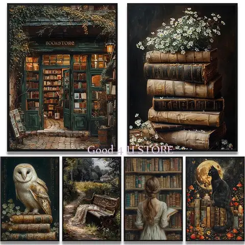 Dark Academia Owl  Floral Books Poster  Canvas Wall Art  Home Library Decor