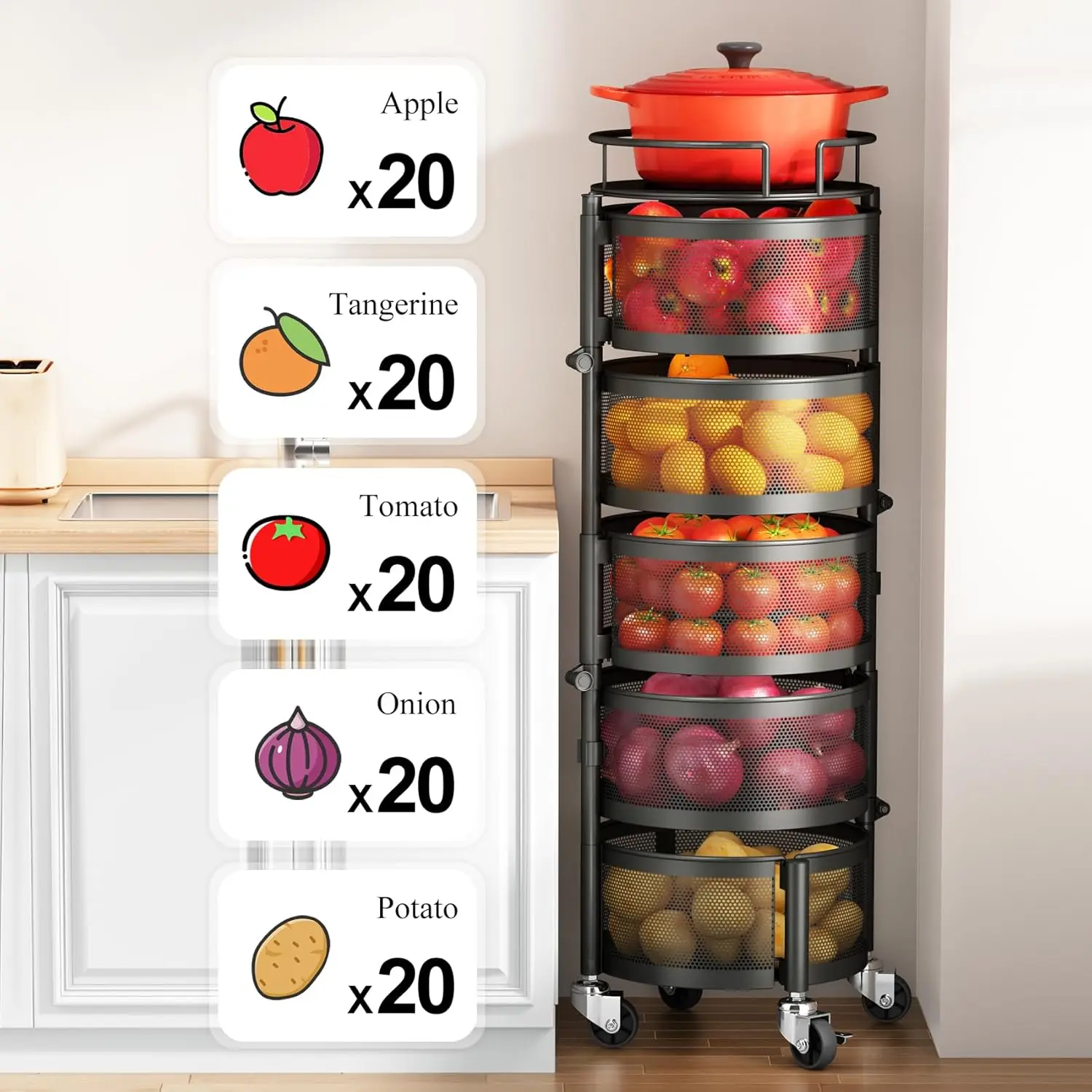 Fruit and Vegetable Basket Bowls for Kitchen with Metal Top Lid, SNTD 5 Tier Rotating Storage Rack Cart for Potato Onion Bread