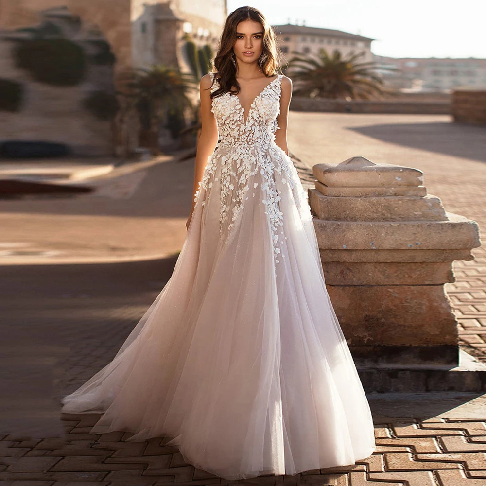 

2023 Elegant Ladies V Neck Beach Wedding Dresses Backless 3D Floral Applique Lace Bridal Gown Tulle Vestido De Novia Custom Robe