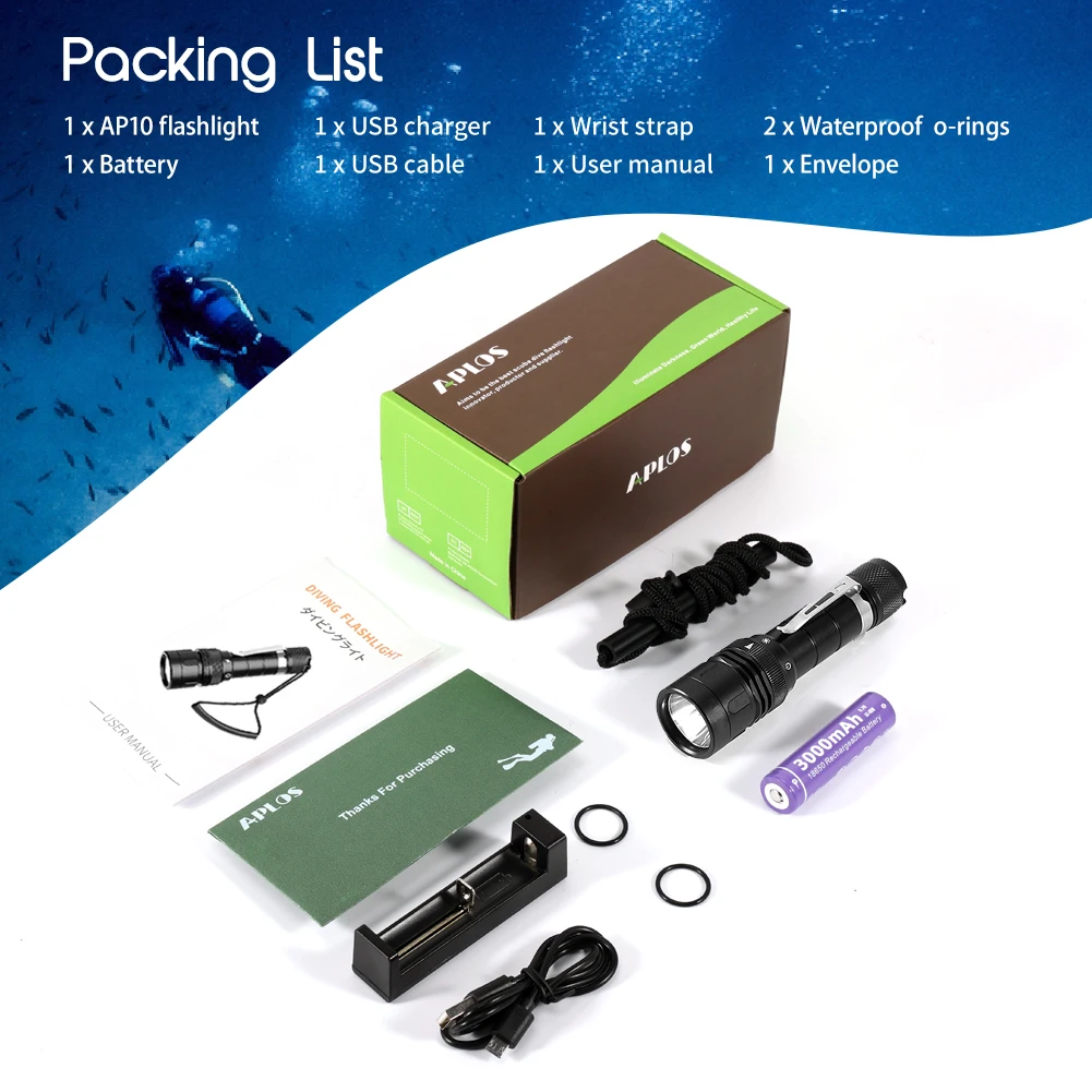 APLOS AP10 Diving Flashlight 300m Underwater Professional Underwater Torch IP68 Waterproof Rating Lamp Using 18650 Battery 5000K