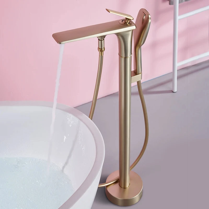 Brushed Gold Brass Bathroom Shower Mixer Tap Floor Mounted Robinet De Baignoire Free Standing Bathtub Shower Faucet YX065WY