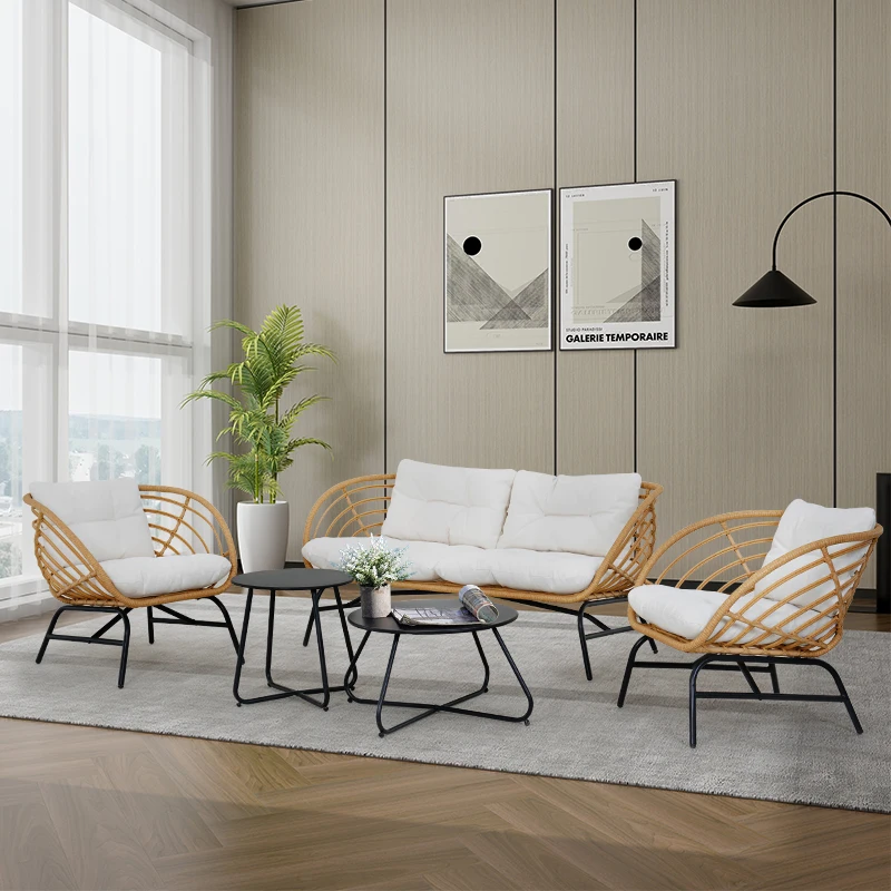 

5-Piece Boho Outdoor Furniture Set, Wicker Sofa Set with Beige Thick Cushions and 2 Coffee Tables, Conversation Set