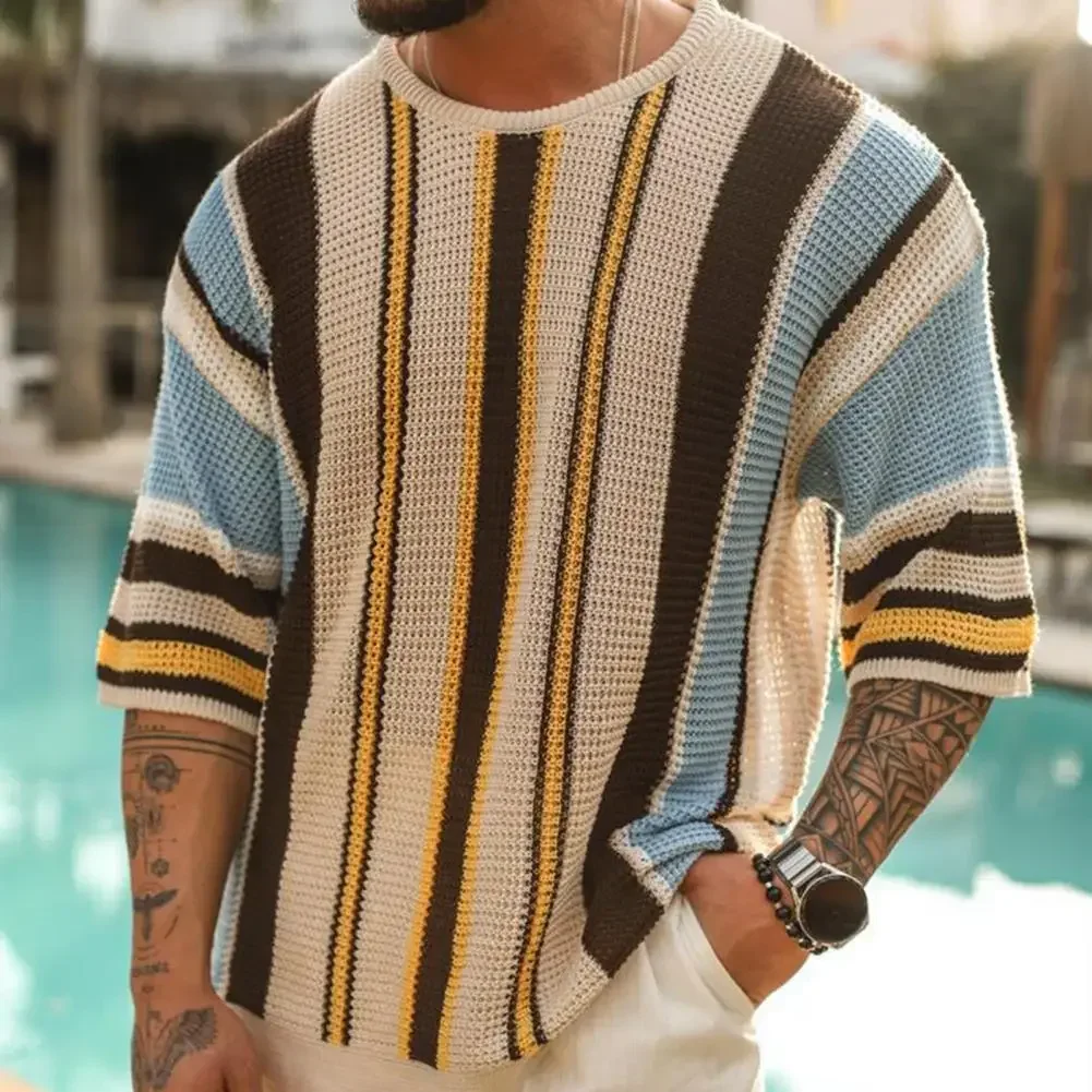 Lässiger Pullover, lockere Passform, stilvoller Herren-Strickpullover mit Streifendruck, lockere Passform, halbe Ärmel, elastisch für den Sommer