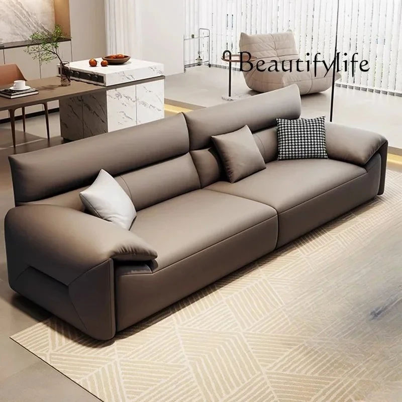 

Italian leather sofa living room small apartment simple straight row multi-person sofa