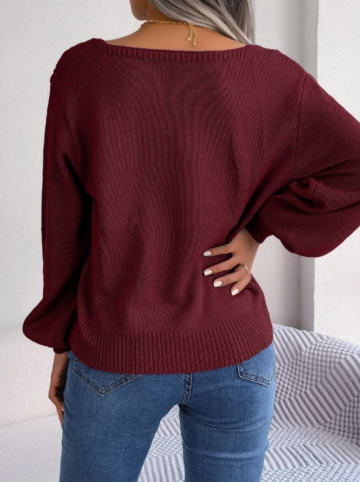 Casual Square Neck Fried Dough Twists Lantern Sleeve Pullover Sweater 2025 Autumn Winter Spring New Fashion Elegant