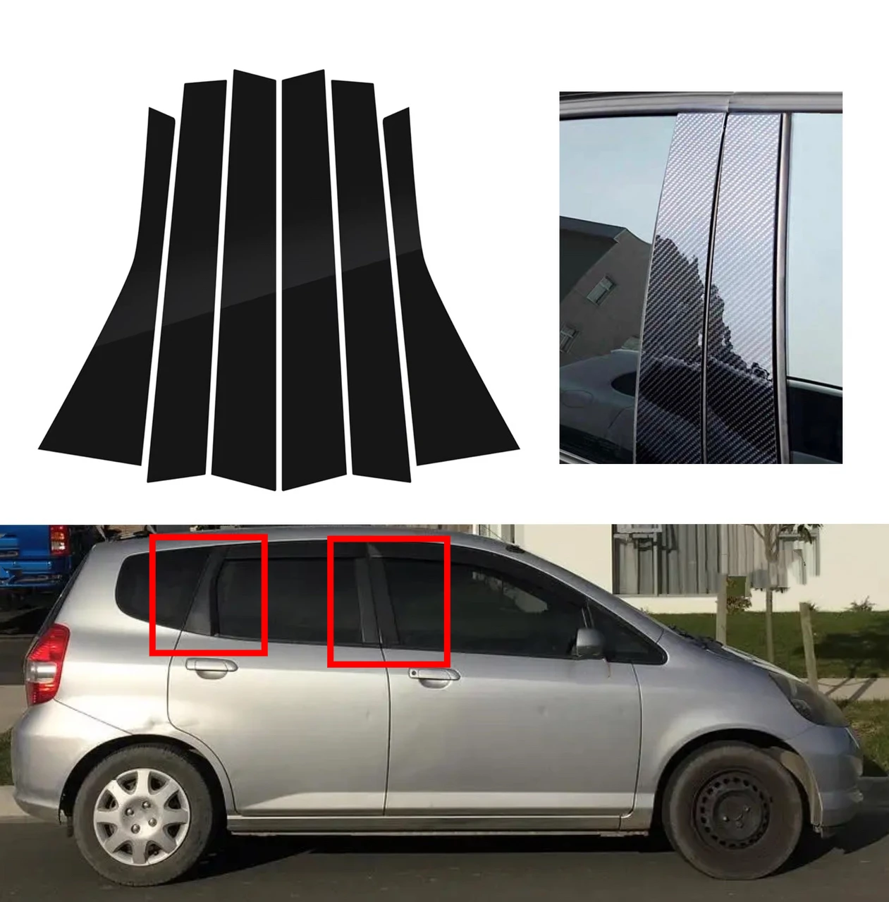 

6Pcs Silver Carbon Glossy Pillar Post Trim Fit For Honda Fit/Jazz 5 Door Hatchback 2004 2005 2006 2007 Door Sticker Window Cover