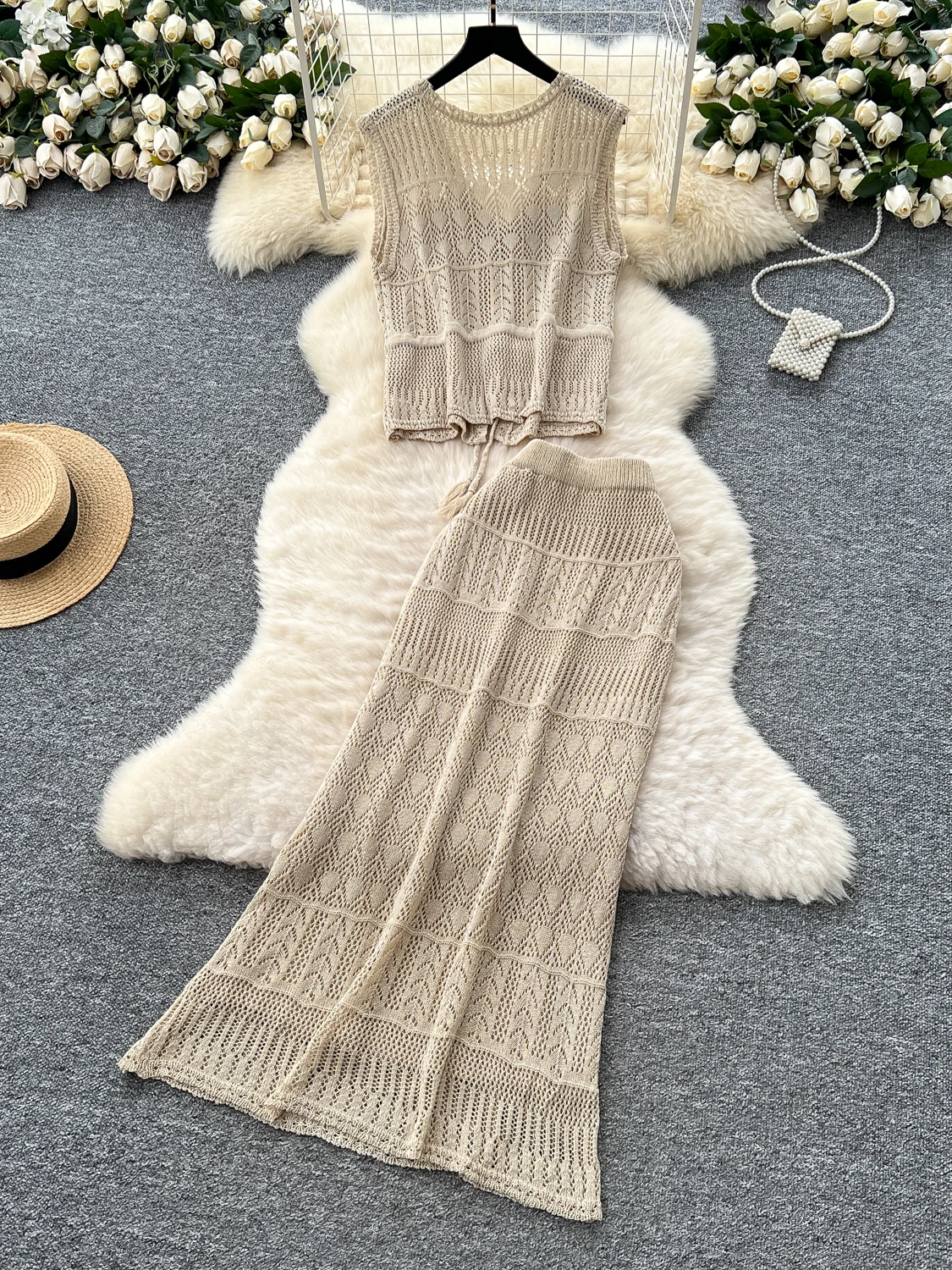 Conjunto de falda ajustada de cintura alta para mujer, Top de punto calado sin mangas con nudo atado, moda informal de ve...