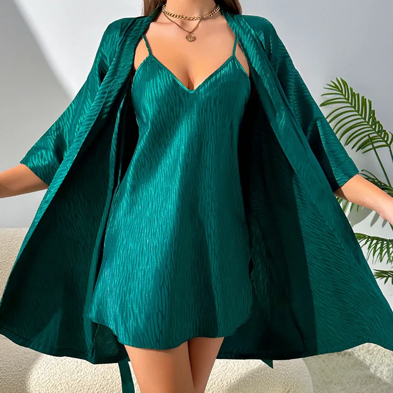 Krismile Nightgown and Robe Set Women Solid Color Jacquard Sexy Mini Nightdress Three-quarter Sleeves Robes Basic Home Wear Suit
