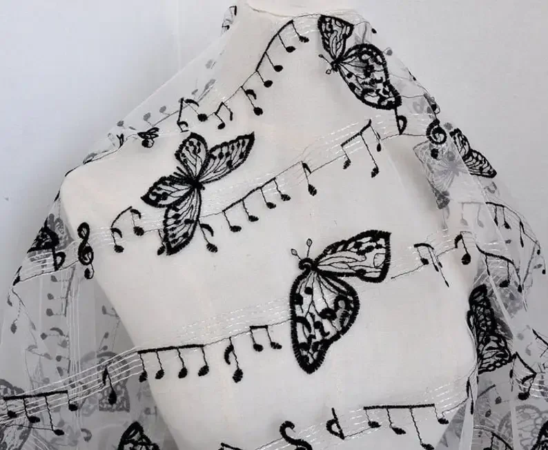 

1 ярд ткани с музыкальными нотами и бабочками, музыкальное кружево, цветочный тюль для платья девочки, платья-пачки, свадебного платья, фатина