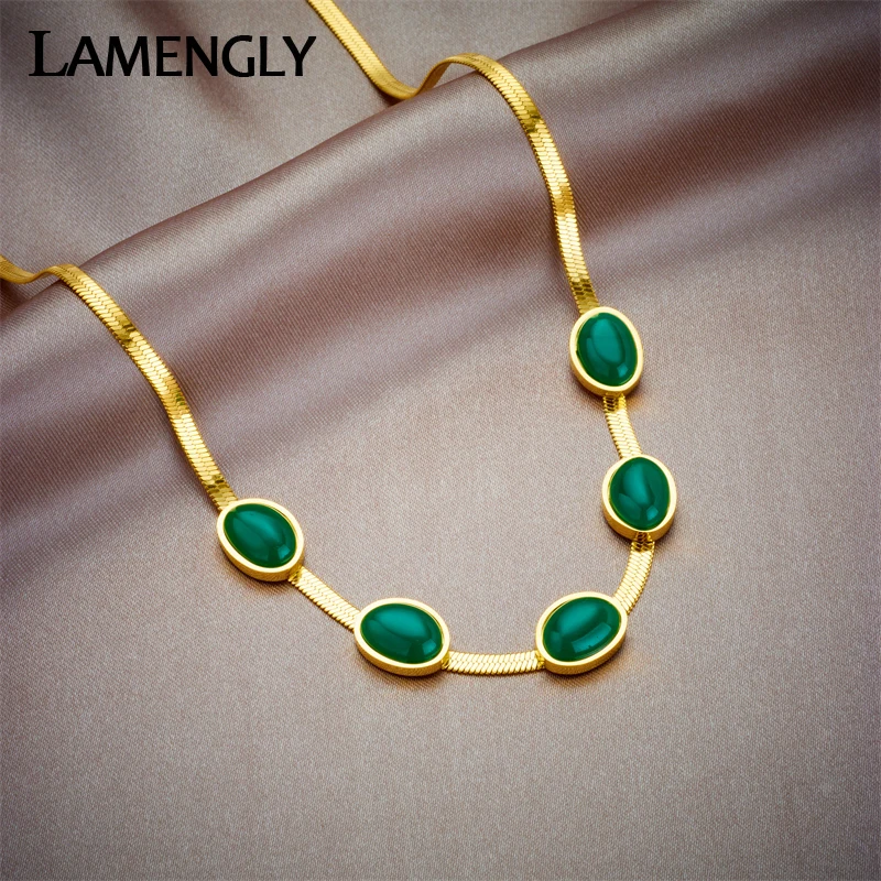 LAMENGLY 316L Stainless Steel Oval Green Crystal Pendant Necklace for Women Fashion Gold Silver Color Chain Choker Jewelry Gifts