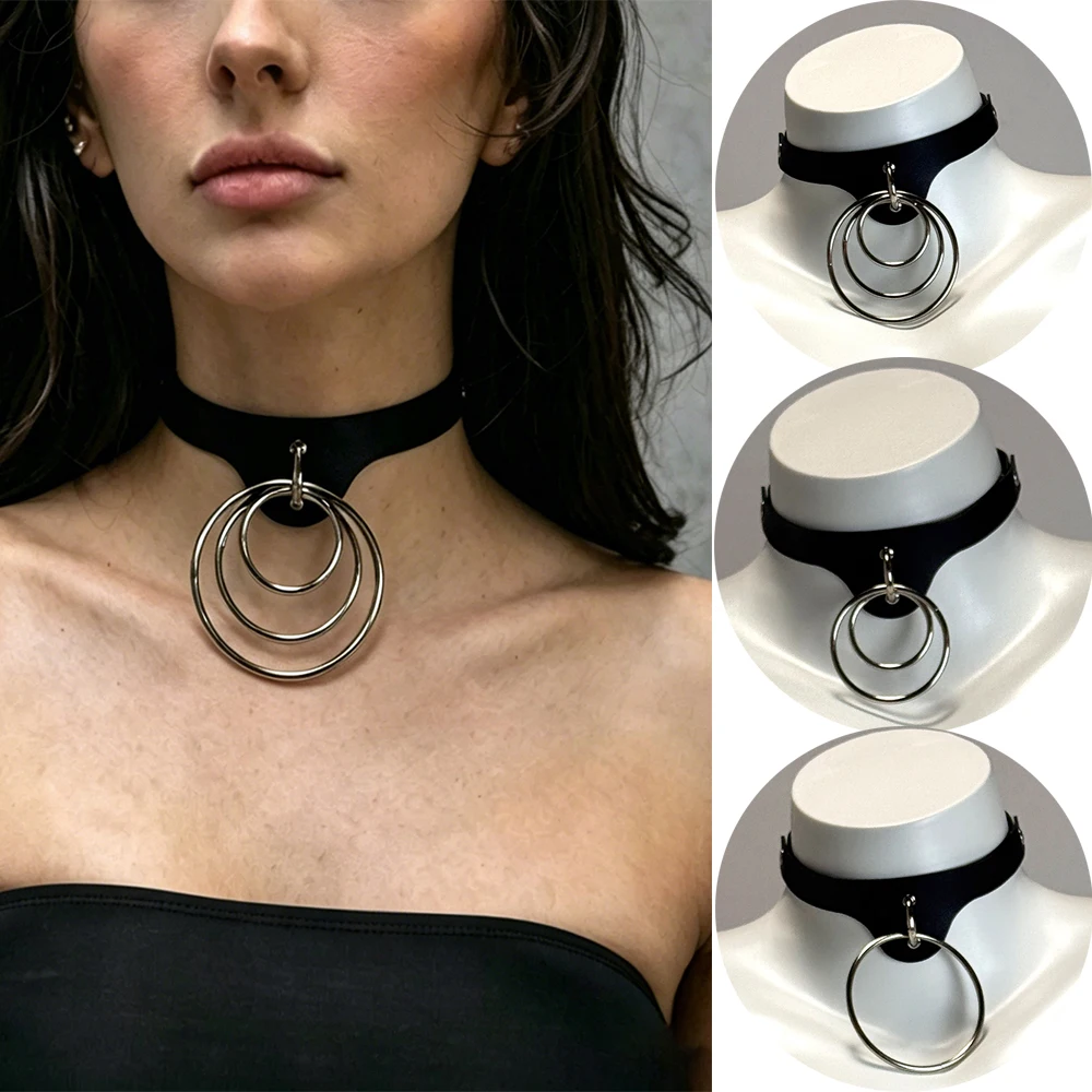 Gothic Punk PU Leather Choker Collar Sexy O Ring Pendant Metal Necklace Women Adjustable Body Jewelry Party Rave
